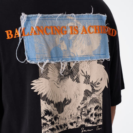 Oversize Cotton Tee / Mythical Bird & Waves Graphic Print "Balancing Is A Chaotic"