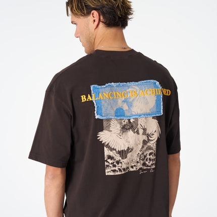 Oversize Cotton Tee / Mythical Bird & Waves Graphic Print "Balancing Is A Chaotic"