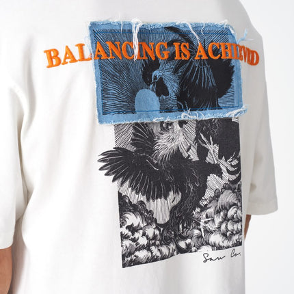 Oversize Cotton Tee / Mythical Bird & Waves Graphic Print "Balancing Is A Chaotic"