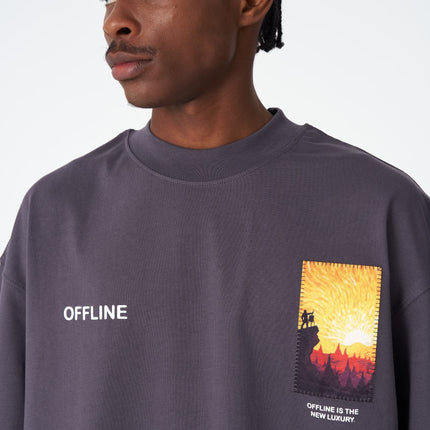 Oversize Cotton Tee / Sunset Birds & Boat Graphic Print "Offline Is The New Luxury"