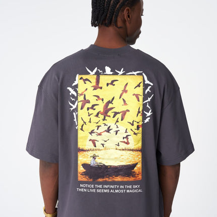 Oversize Cotton Tee / Sunset Birds & Boat Graphic Print "Offline Is The New Luxury"