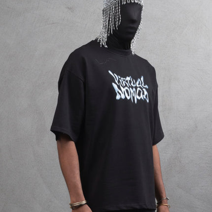 Oversize Cotton Tee – "Virtual Nomad" Graphic Print