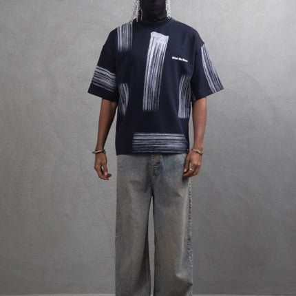 Oversize Graphic Cotton Tee - Abstract Vertical Stroke Print