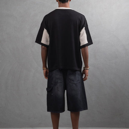 Oversize Textured Panel Cotton Tee – Vertical Striped Design