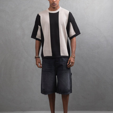 Oversize Textured Panel Cotton Tee – Vertical Striped Design