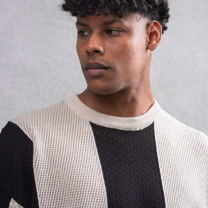 Oversize Textured Panel Cotton Tee – Vertical Striped Design