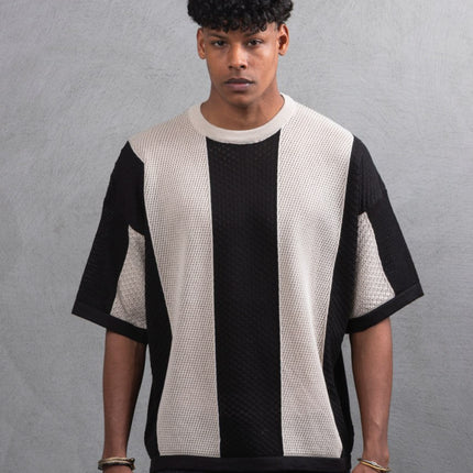 Oversize Textured Panel Cotton Tee – Vertical Striped Design