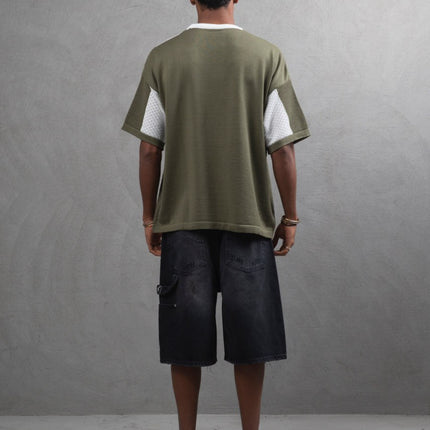 Oversize Textured Panel Cotton Tee – Vertical Striped Design