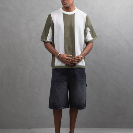 Oversize Textured Panel Cotton Tee – Vertical Striped Design