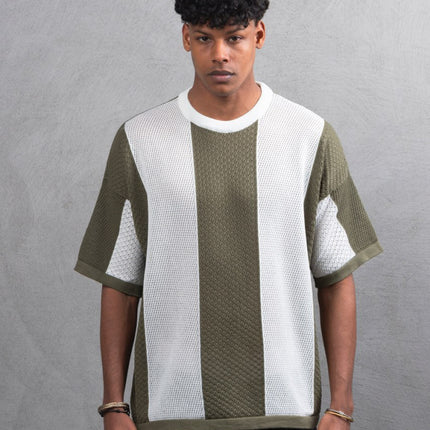 Oversize Textured Panel Cotton Tee – Vertical Striped Design