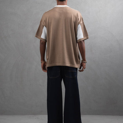 Oversize Textured Panel Cotton Tee – Vertical Striped Design