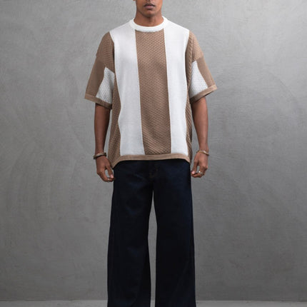 Oversize Textured Panel Cotton Tee – Vertical Striped Design
