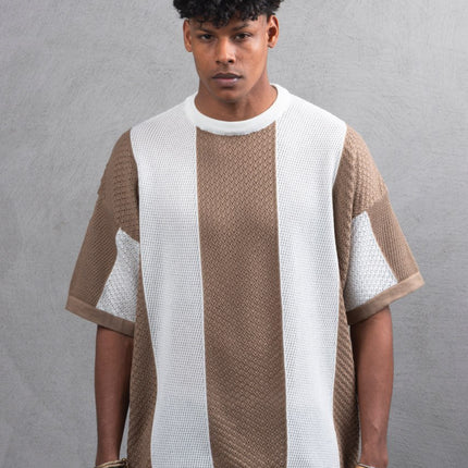 Oversize Textured Panel Cotton Tee – Vertical Striped Design