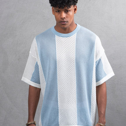 Oversize Textured Panel Cotton Tee – Vertical Striped Design