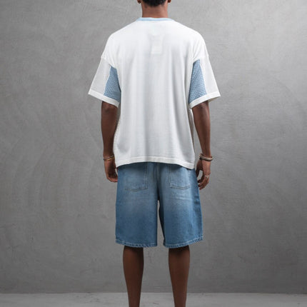 Oversize Textured Panel Cotton Tee – Vertical Striped Design