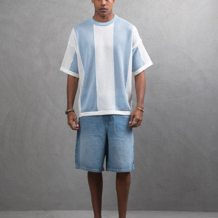 Oversize Textured Panel Cotton Tee – Vertical Striped Design