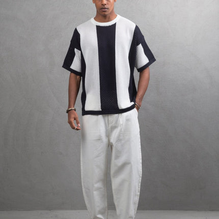 Oversize Textured Panel Cotton Tee – Vertical Striped Design