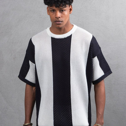 Oversize Textured Panel Cotton Tee – Vertical Striped Design