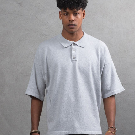 Oversize Textured Cotton Polo Tee – 3-Button Collar Relaxed Fit Shirt