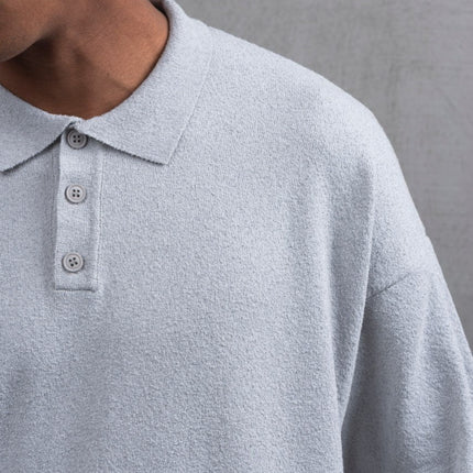 Oversize Textured Cotton Polo Tee – 3-Button Collar Relaxed Fit Shirt