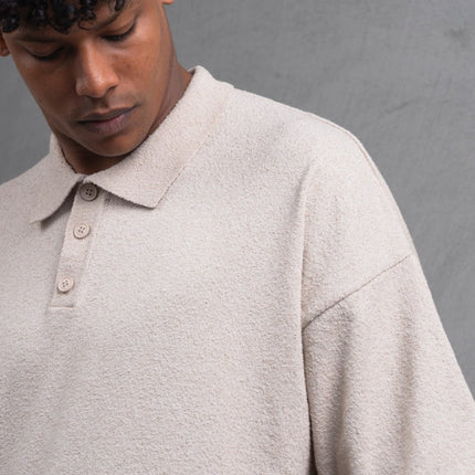 Oversize Textured Cotton Polo Tee – 3-Button Collar Relaxed Fit Shirt