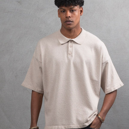 Oversize Textured Cotton Polo Tee – 3-Button Collar Relaxed Fit Shirt