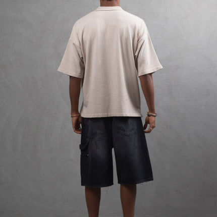 Oversize Textured Cotton Polo Tee – 3-Button Collar Relaxed Fit Shirt