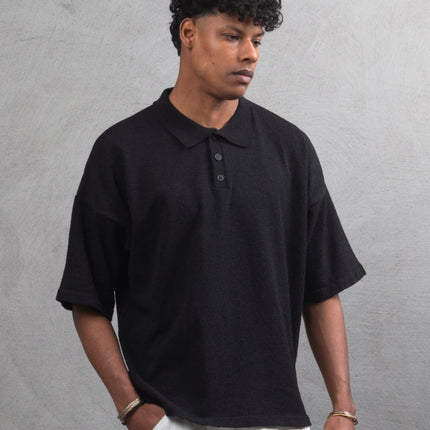 Oversize Textured Cotton Polo Tee – 3-Button Collar Relaxed Fit Shirt