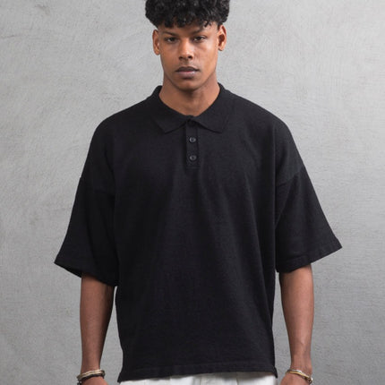 Oversize Textured Cotton Polo Tee – 3-Button Collar Relaxed Fit Shirt