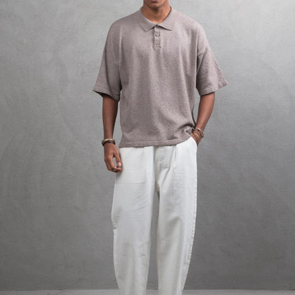 Oversize Textured Cotton Polo Tee – 3-Button Collar Relaxed Fit Shirt