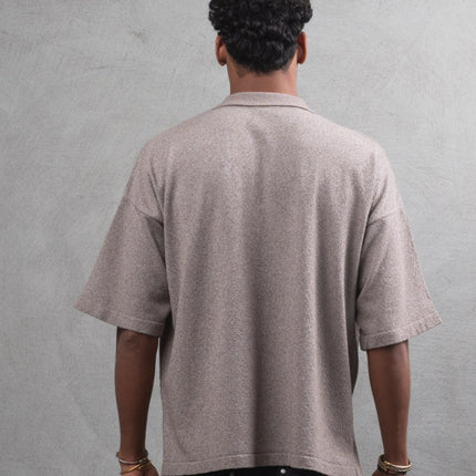 Oversize Textured Cotton Polo Tee – 3-Button Collar Relaxed Fit Shirt
