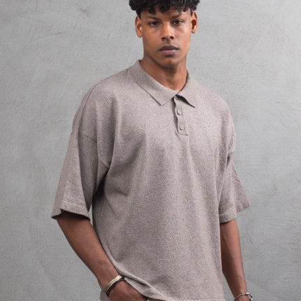 Oversize Textured Cotton Polo Tee – 3-Button Collar Relaxed Fit Shirt