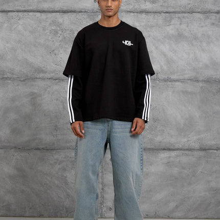 Oversized "404" Graphic T-Shirt – Layered Three-Stripe Long Sleeve