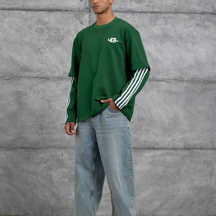 Oversized "404" Graphic T-Shirt – Layered Three-Stripe Long Sleeve