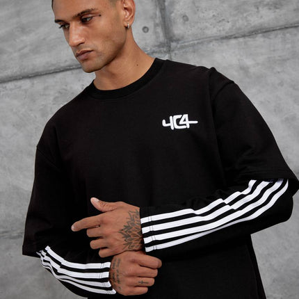Oversized "404" Graphic T-Shirt – Layered Three-Stripe Long Sleeve