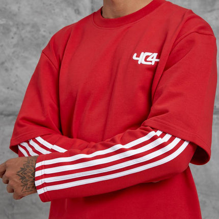 Oversized "404" Graphic T-Shirt – Layered Three-Stripe Long Sleeve