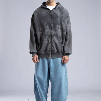 Oversized Art Print Zip-Up Hoodie - Vintage Washed Full-Zip Sweatshirt
