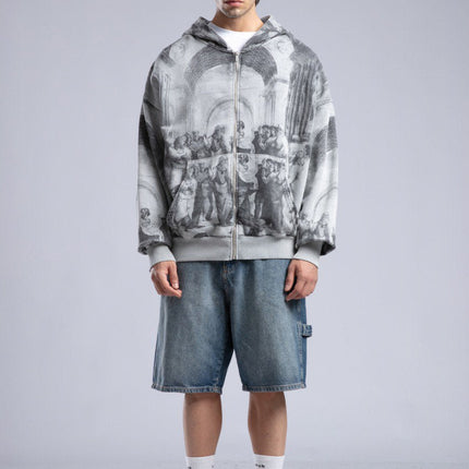 Oversized Art Print Zip-Up Hoodie - Vintage Washed Full-Zip Sweatshirt