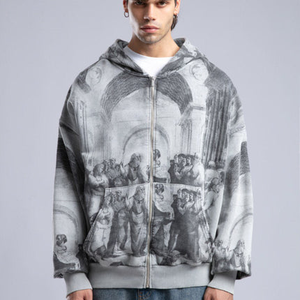 Oversized Art Print Zip-Up Hoodie - Vintage Washed Full-Zip Sweatshirt