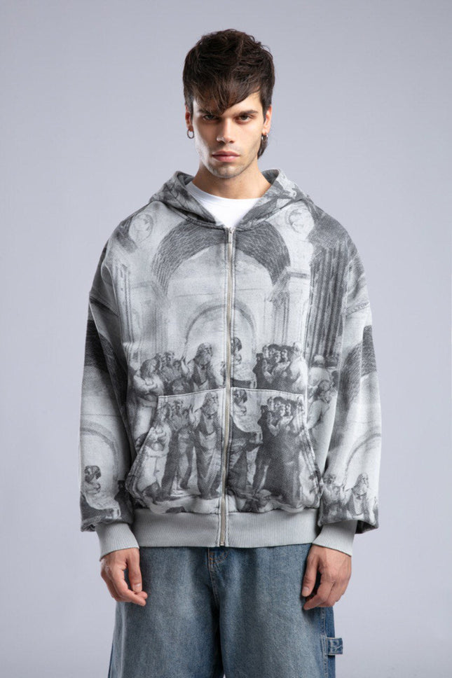 Oversized Art Print Zip-Up Hoodie - Vintage Washed Full-Zip Sweatshirt