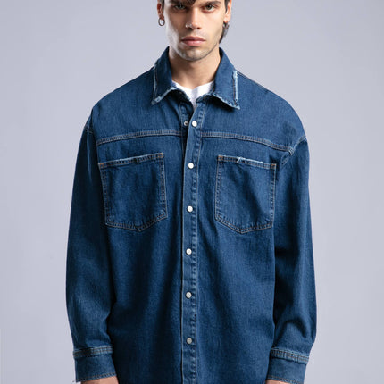 Oversized Distressed Denim Shirt - Unisex Button-Up Jacket