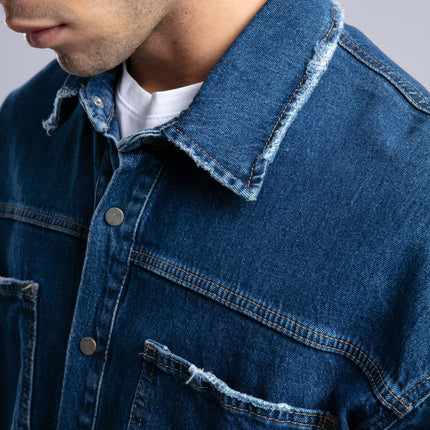 Oversized Distressed Denim Shirt - Unisex Button-Up Jacket