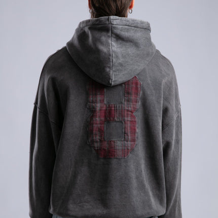 Oversized '8' Plaid Patch Hoodie - Vintage Washed Pullover