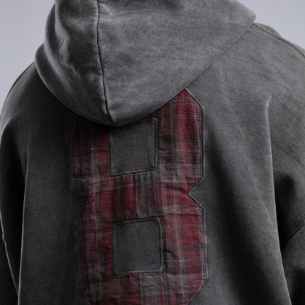 Oversized '8' Plaid Patch Hoodie - Vintage Washed Pullover