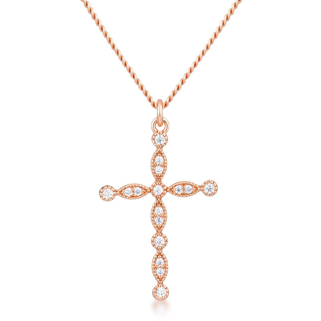 Delicate Vintage Rose Gold Plated Clear CZ Cross Pendant