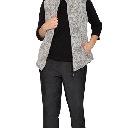 Women's Flocked Damask Print Zip Front Vest With Lining And Fill