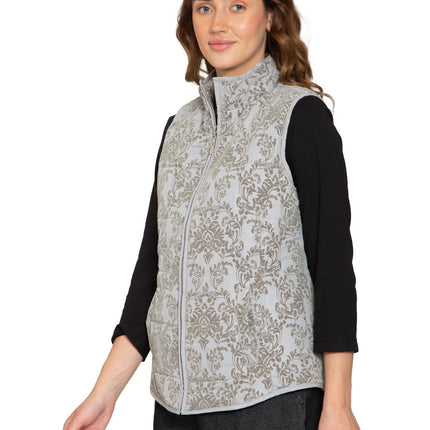 Women's Flocked Damask Print Zip Front Vest With Lining And Fill