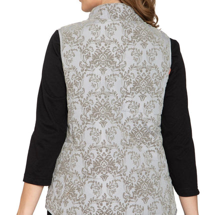 Women's Flocked Damask Print Zip Front Vest With Lining And Fill