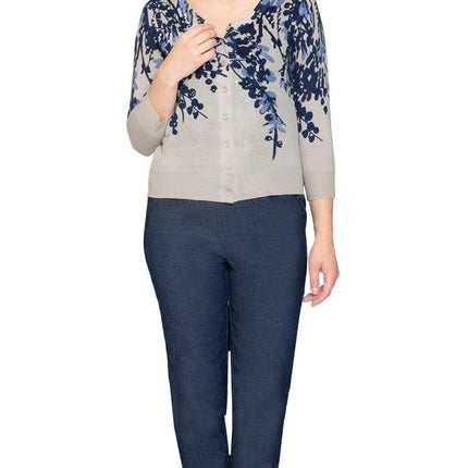 Women's 3/4 Sleeve Knit Printed And Embellished Cardigan Sweater