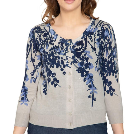 Women's 3/4 Sleeve Knit Printed And Embellished Cardigan Sweater
